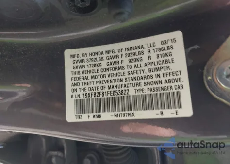 2015 Honda Civic Ex z USA, uszkodzony, nr VIN 19XFB2F81FE053822